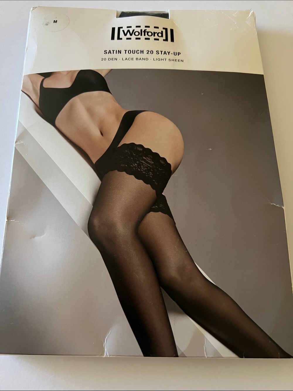 WOLFORD 21223 SATIN TOUCH 20 STAY-UP LACE TOP STOCKINGS COSMETIC SIZE MEDIUM NWT